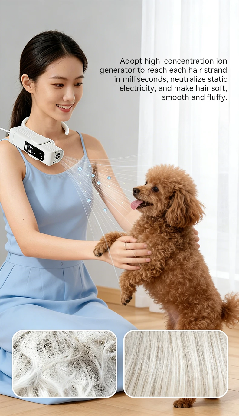 New Hands Free Neck Hanging Pet Hair Dryer High Speed Intelligent Grooming Dryer for Dogs and Cats Cleaning Beauty Products details