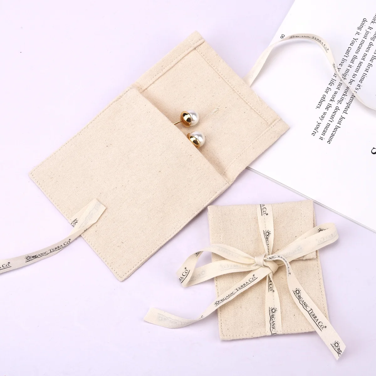 Custom Logo Printing Mini Canvas Jewelry Envelope Pouch Organic Reusable Cotton Necklace Jewelry Bag With Bow