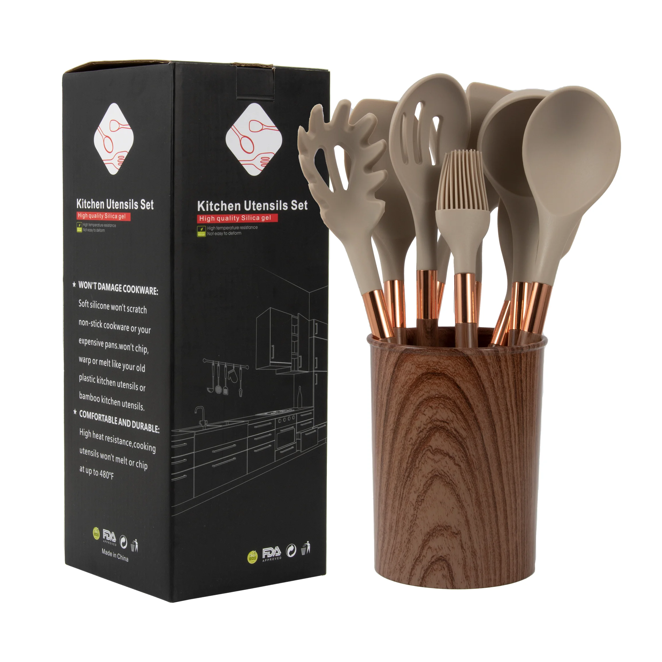 Hot Selling 10pcs Kitchen Utensil Set With Wood Grain Coating Treatment Silicone Kitchenware Set