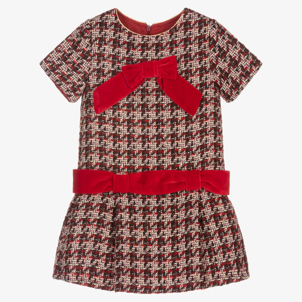 Custom winter fashion tweed toddler girls dresses kids clothing girls short sleeve new arrival girl child dress with red bow