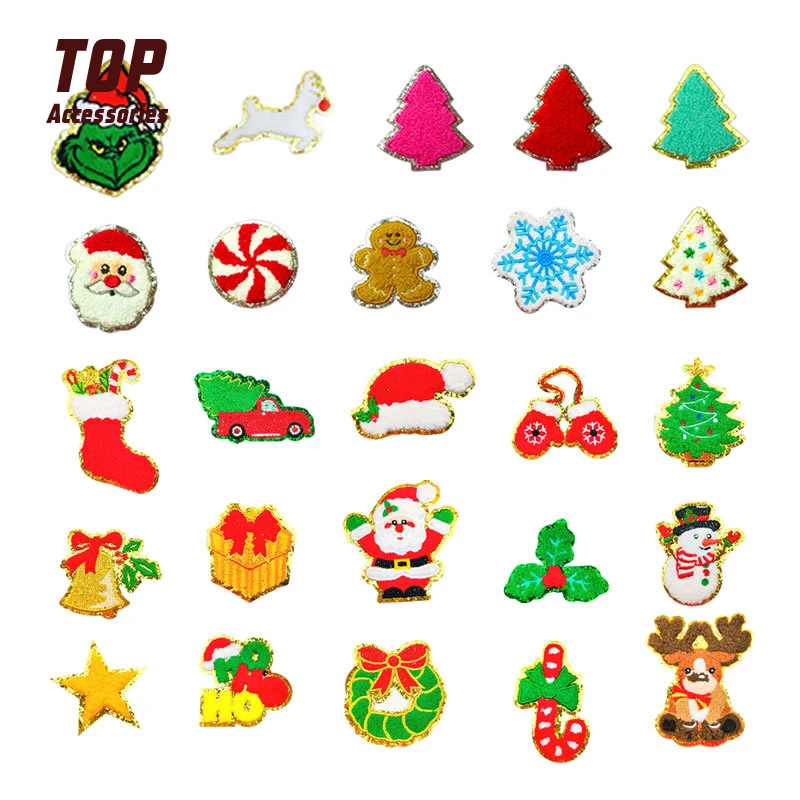 On Chenille Patches Theme Christmas Tree Santa Iron with Gold Glitter Fabric Cotton PVC Custom Handmade Embroidery Sequins