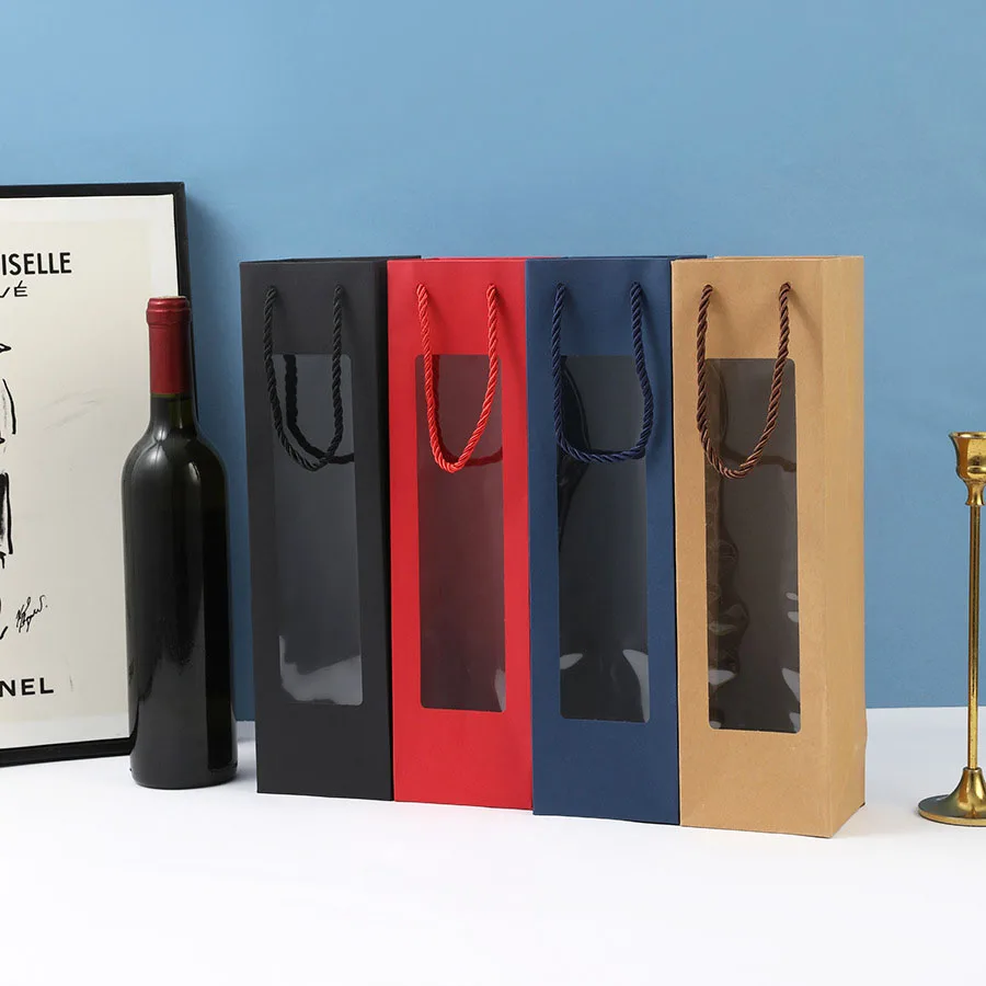 Full color wholesale custom size logo high quality portable gift packaging with window paper bag for wine bottle Full color wholesale custom size logo high quality portable gift packaging with window paper bag for wine bottle