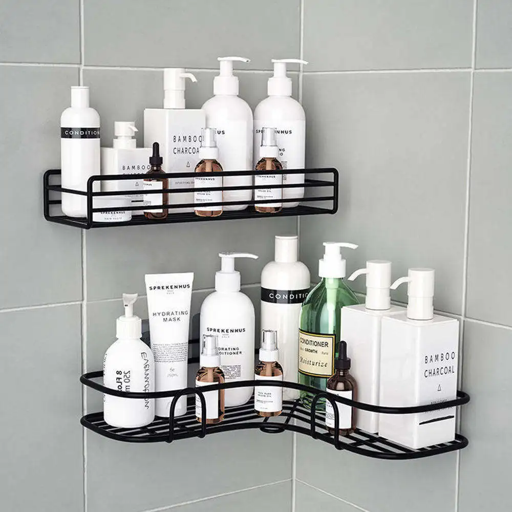 Bathroom Shelf Shower Wall Mount Shampoo Storage Holder With Suction No Drilling Kitchen Storage Bathroom Accessories