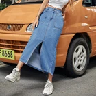 Long Skirts Vintage Casual Blue Denim Straight Midi Long Women's Split Jean Skirts Summer