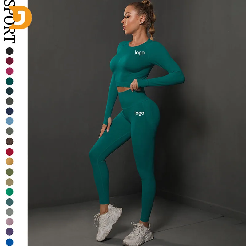 Custom Logo Gym Sportswear Women Fitness Active Sports Long Sleeve High Waisted Leggings Seamless Gym Fitness Yoga Sets
