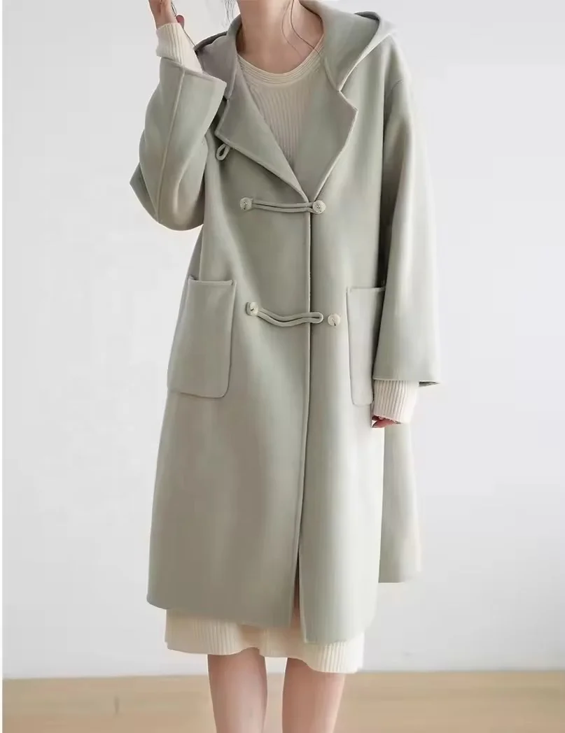 Russia Simple Women Woolen Coat V-Neck Belt Long-Sleeved Coat Autumn and Winter New Solid Color Women's Overcoat