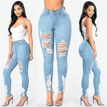 2024 new factory multi-button high waist slim stretch large size small foot high quality plus size women's jeans for women