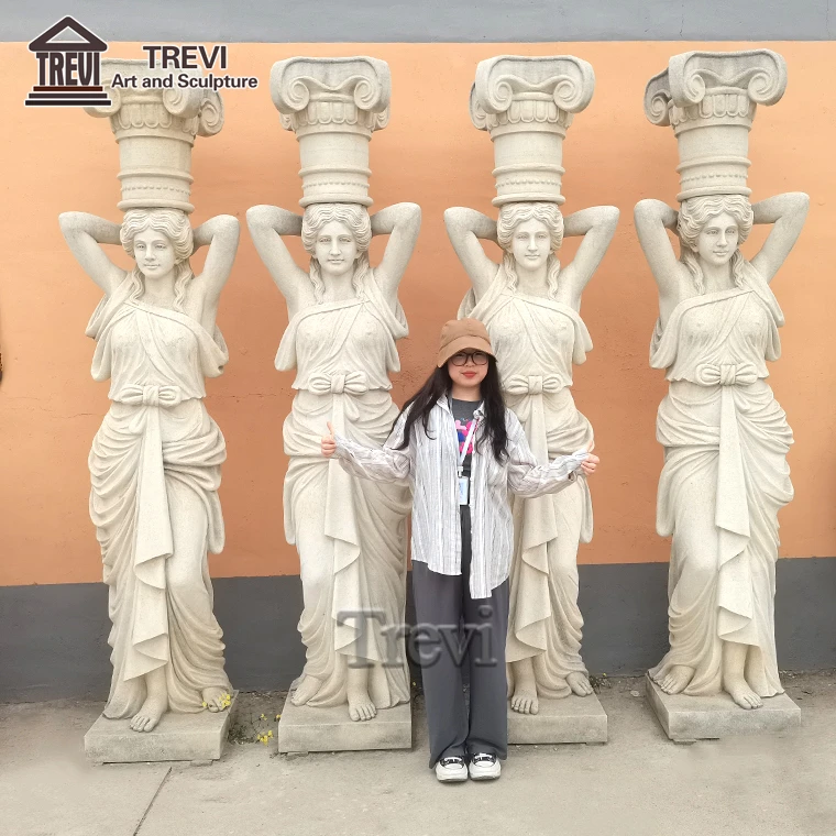 Greek Style Natural Marble Lady Statue Column Hand Carved Marble Support Pillar Manufacturers