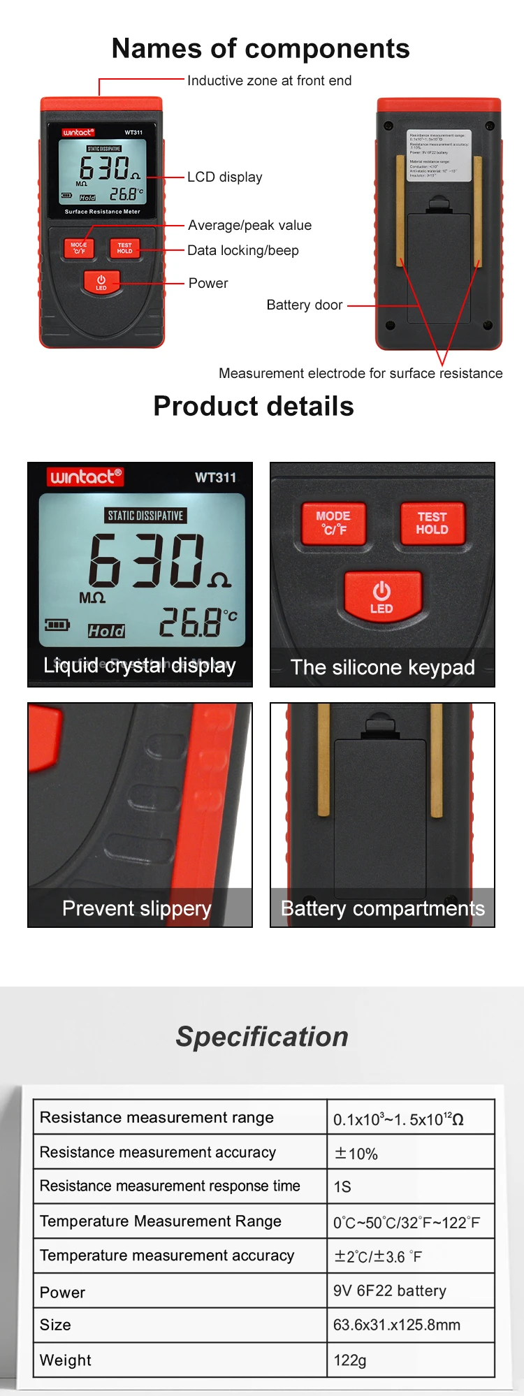 Wt Handheld Surface Resistance Meter Anti Static Insulation