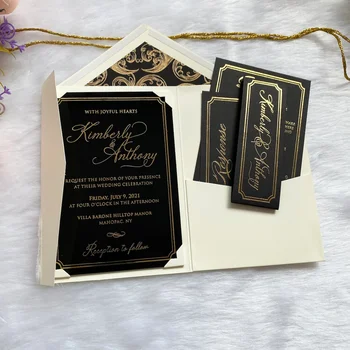 Trifold Luxury Elegant Gold Foil Clear Black Mirror Acrylic Wedding Invitation With Qr Code Rsvp Cards And Belt