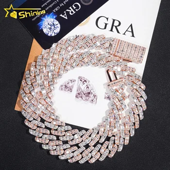 Rapper Jewelry Hip Hop Necklace 925 Sterling Silver 15MM Iced Out VVS Baguette Diamond Moissanite Cuban Link Chain