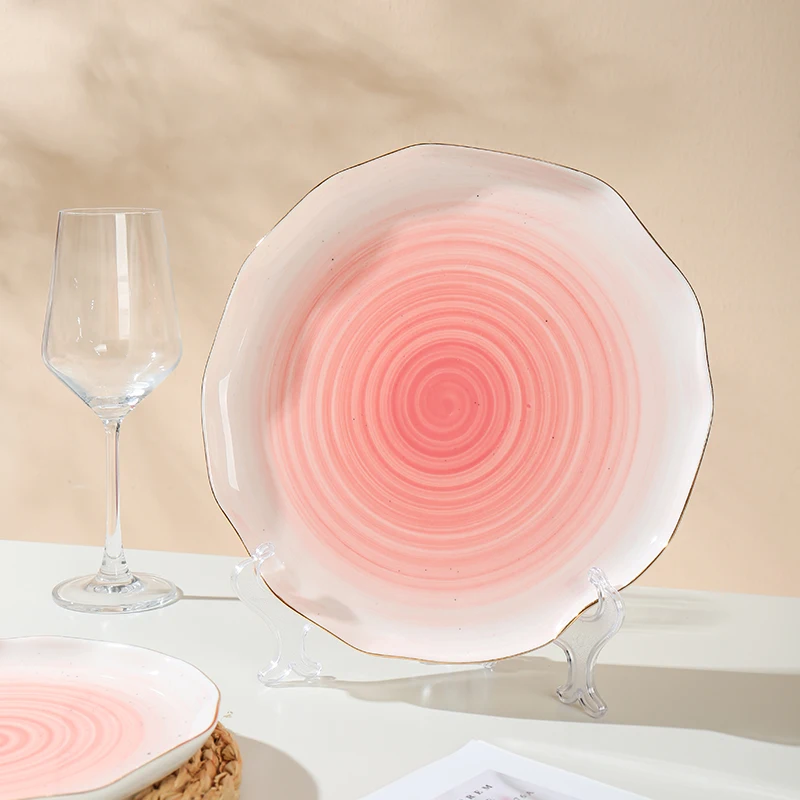 Customized Hand Painted Spiral Design Porcelain Gold Rim Dinner Set With Ceramic Bowl details