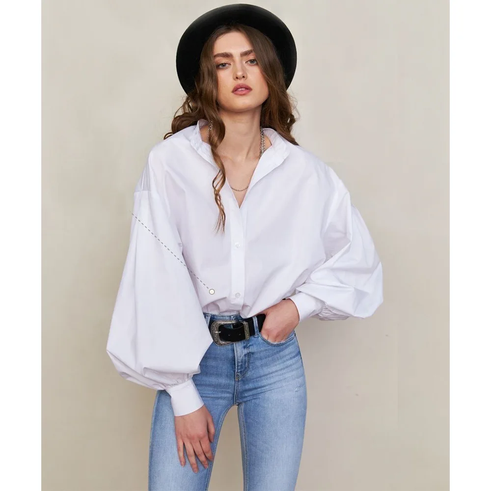 Cotton Fabric Puff Long Sleeves O neck Collar Office Lady Women Blouse T-shirt