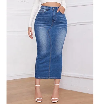 Custom back split denim high waist long skirts for women maxi summer jeans sexy pencil skirt