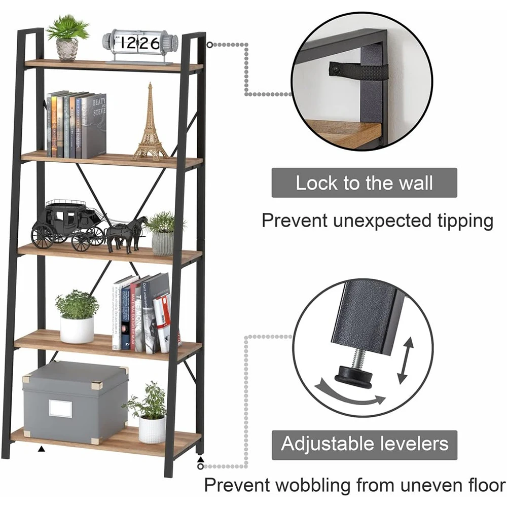 Modern 5-Tier Wooden and Metal Ladder Bookshelf Living Room & Home Office Storage Furniture manufacture