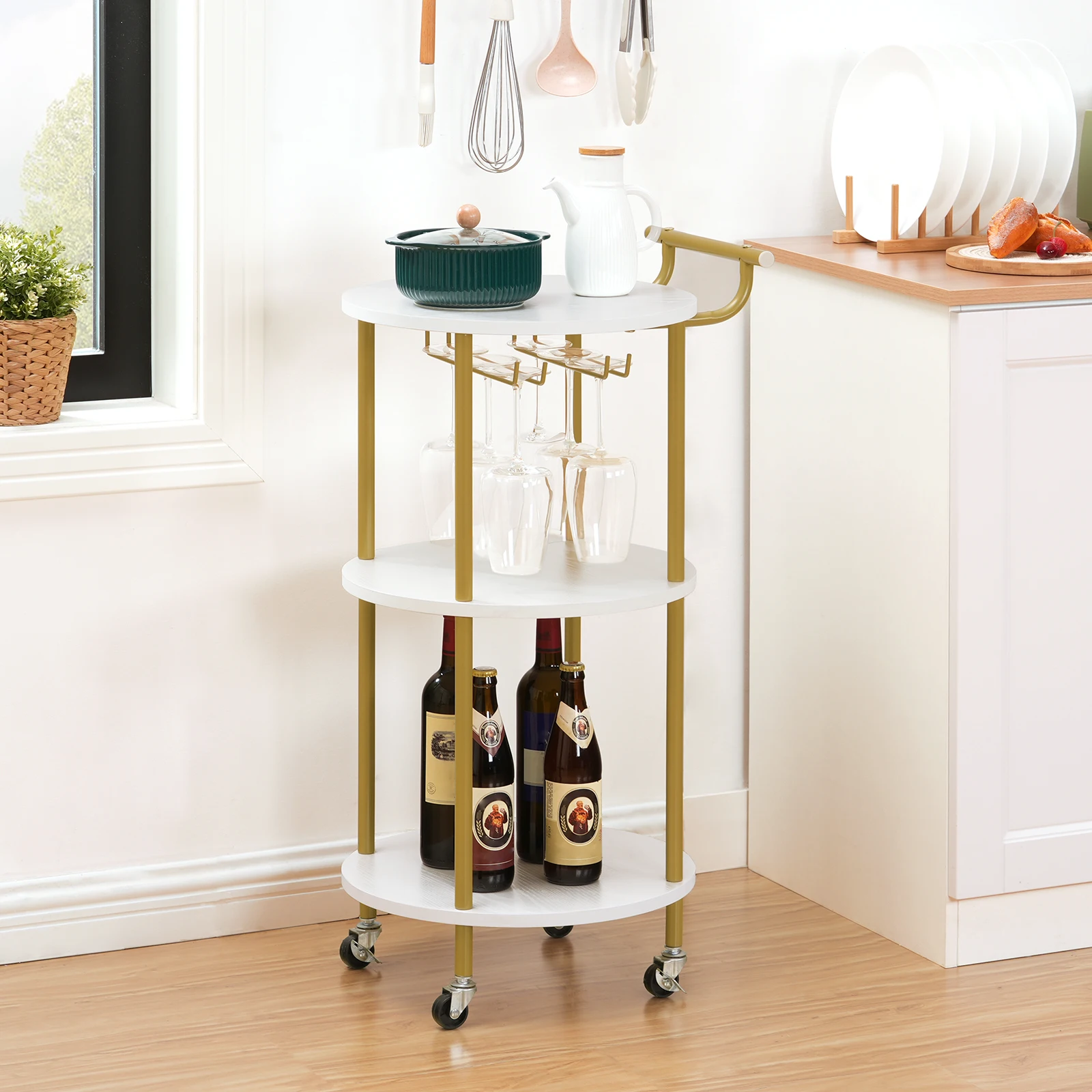 Wholesale Gold 3 Tier Luxury Kitchen Bar Cart Serving Carts Rolling Trolley Bar Cart Trolley on Wheels with Glass Holder Rack