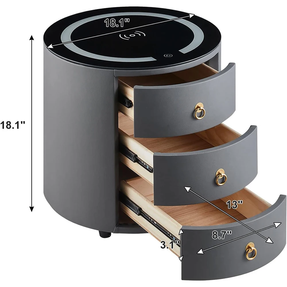 Dark Grey Wood Smart Nightstand with Wireless Charging Station & LED Lights Modern Round 3-Drawer Bedroom Storage Furniture details