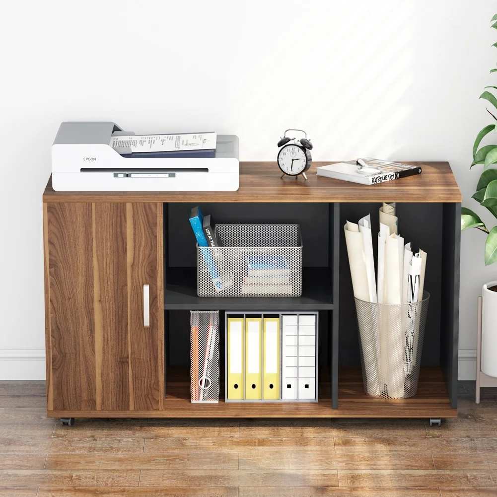 Home Office Rustic Brown Lateral File Cabinet Printer Stand with 3 displsy Open Storage Shelves
