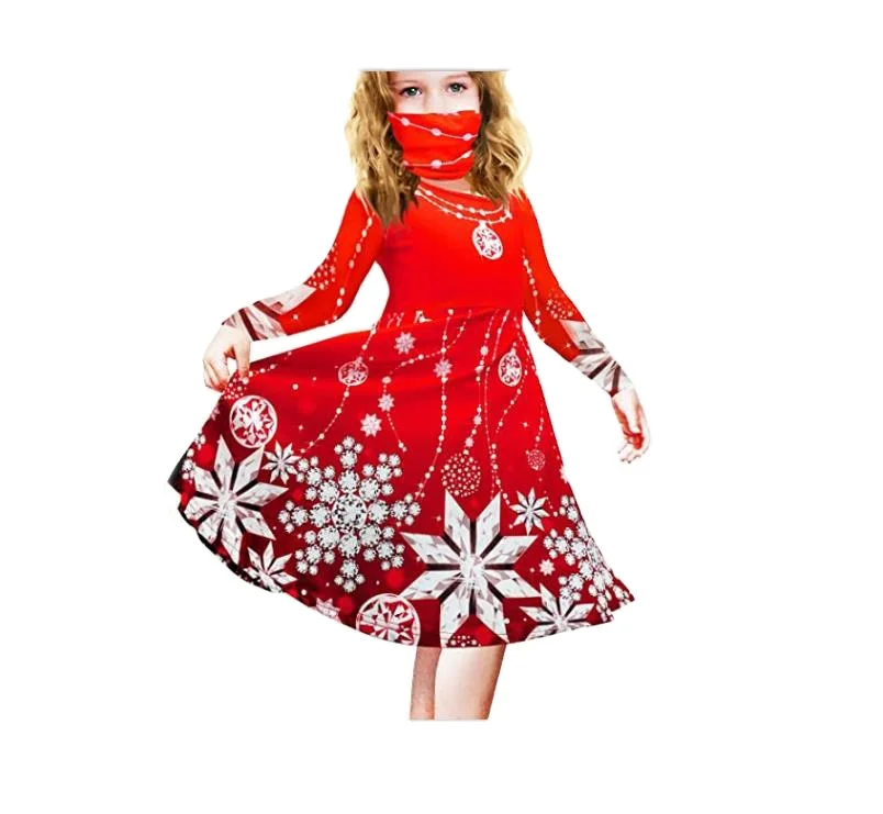 Hot sell kids clothes long sleeves baby girls dresses kids for White and red color Christmas snowflake printing