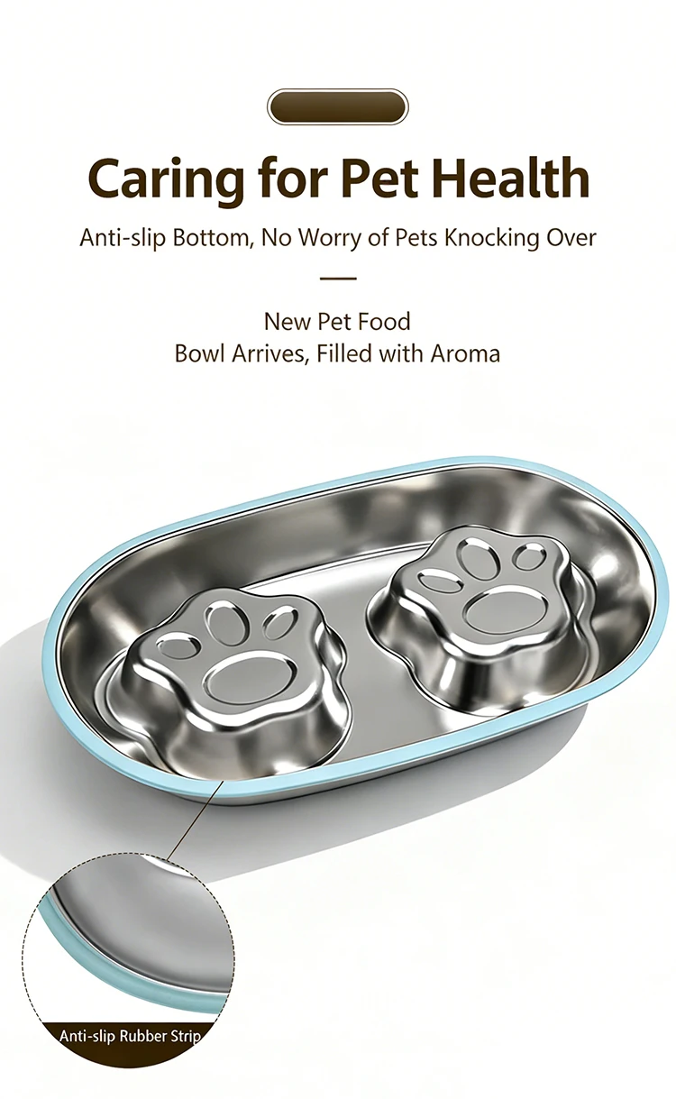 304 Stainless Steel Cute Cat Paw Shaped Pet Slow Feeder Bowl Double Bowl for Food and Water Anti Slip Anti Tipping Easy to Clean factory