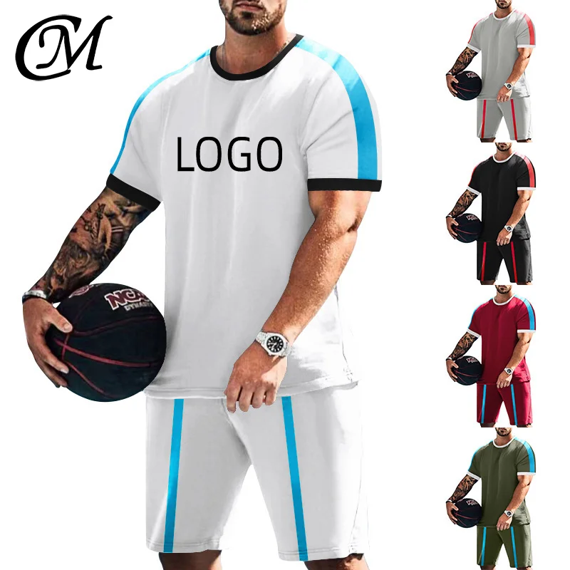 2023 M-3XL Splicing Stripe OEM 2 Pieces Set Summer Clothes Soccer Shorts Basketball Tennis O Neck Sportswear Tshirts Shorts Man