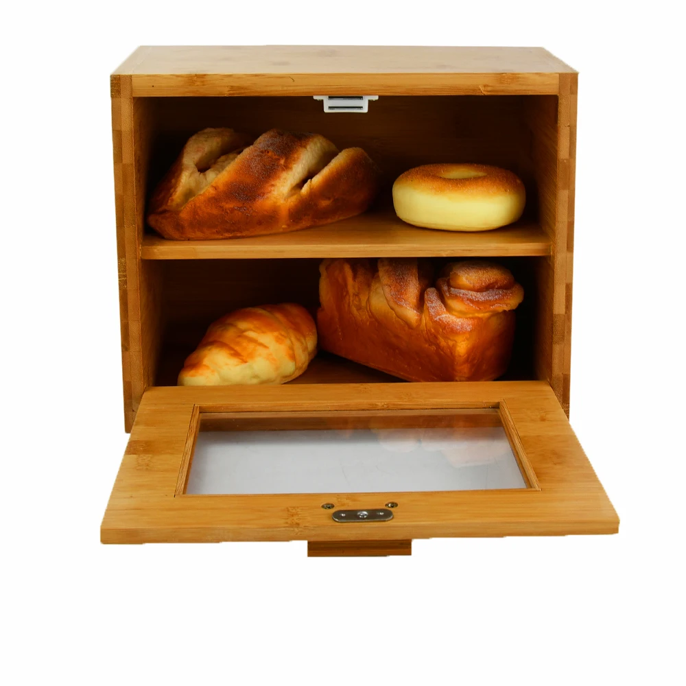 Bamboo Bread Box For Kitchen Counter Double Layer Roll Top Bread Keeper Food Storage Container With Adjustable Shelf