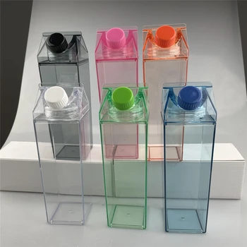 500ml 1000ml Cute Milk Bottle Plastic Clear Transparent Colored Cartoon Acrylic Plain Juice Milk Box Shaped Water Bottle