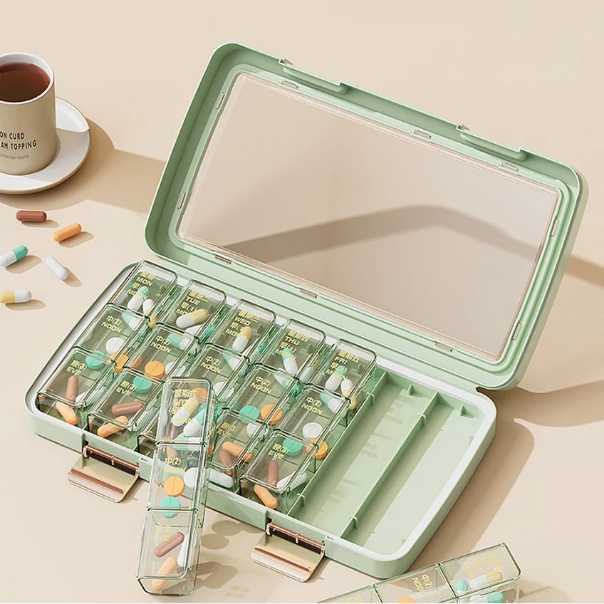 Jinmao Factory Detachable Medicine Case 21 Grid Travel Pill Box Medical Storage Container Organizer Green