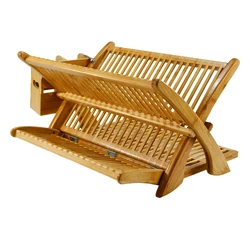 Eco Friendly Large Kitchen Counter 2-Tier Collapsible Bamboo Dish Drying Rack with Utensils Holder