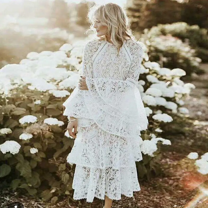 Women's Hollow Flower Embroidery White Lace Dress 2023 Layers Cake Ruffles Party Dresses Long Sleeve Short Dress