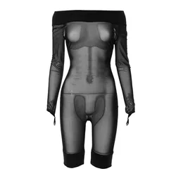 Black Sexy Mesh Short Jumpsuit For Women 2023 Fall Long Sleeve Bodycon Jumpsuit See Through Playsuit