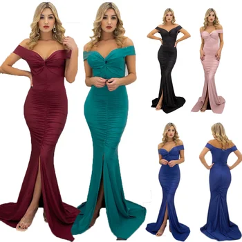 LANOZY High Quality Cheap Women's Backless Off Shoulder Party Dress High Split Long Tail Formal Evening Gown Prom Dress