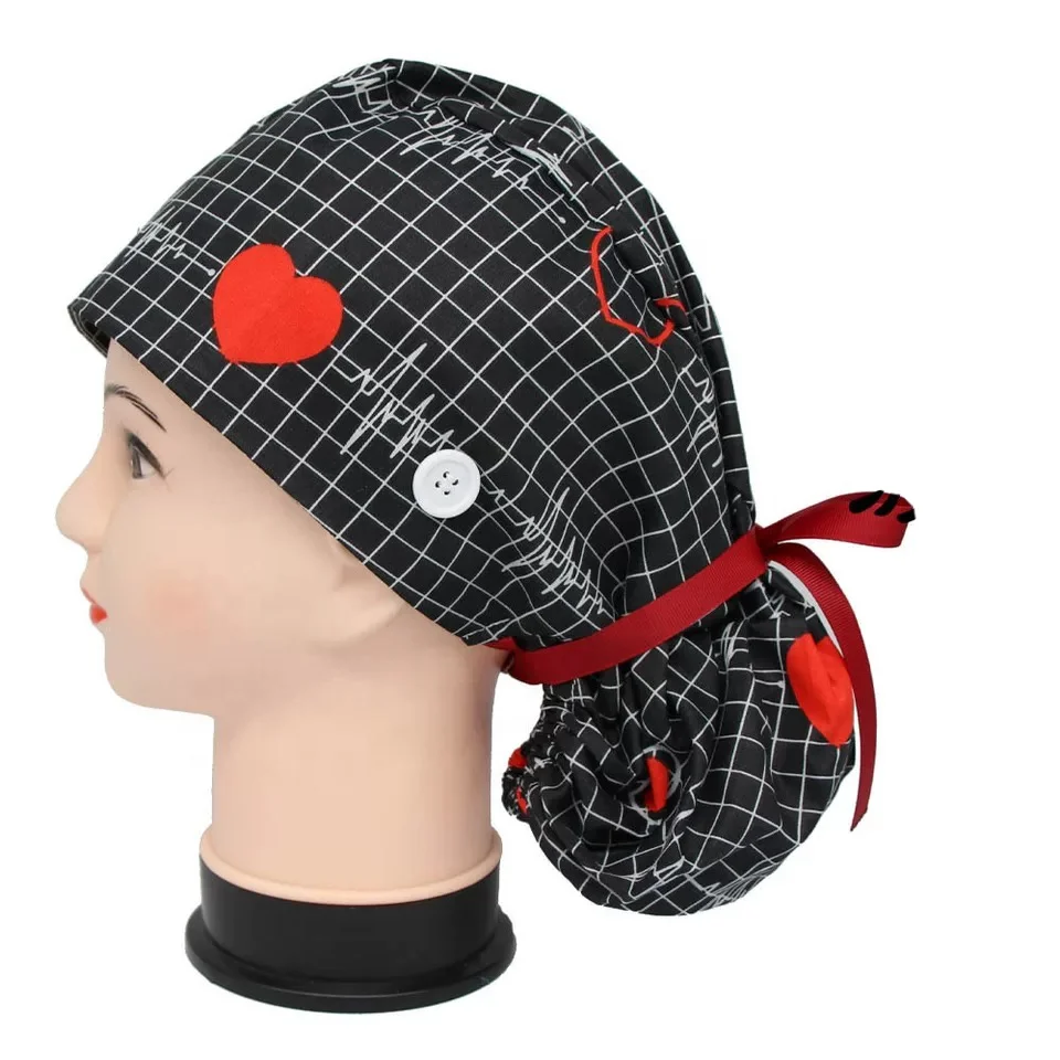 Buttons Ponytail Long Hair Scrub Cap 