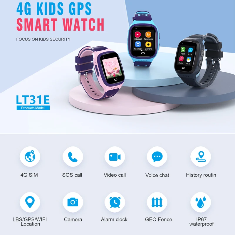 Kids smart watch with GPS Tracker and 4G Waterproof Wifi SOS Call Big Battery LT31 Smart Watch for Kids Phone with SIM Card