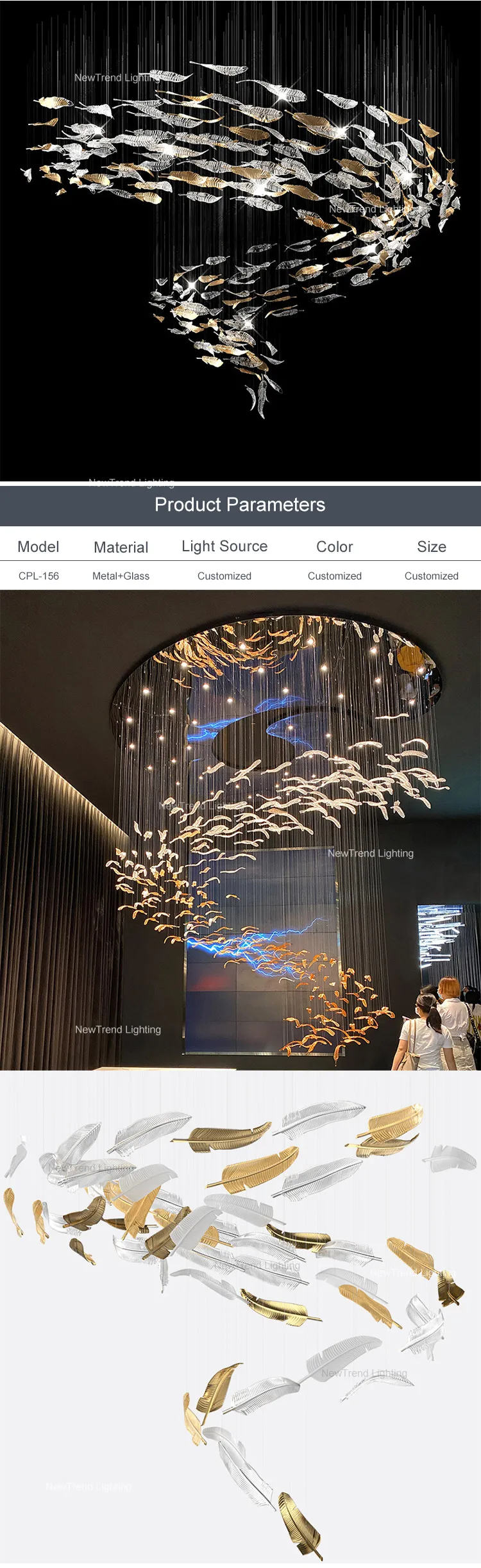 CPL-156 New Product Indoor Decoration Hotel Villa Mall Staircase Custom Large Glass LED Chandelier details