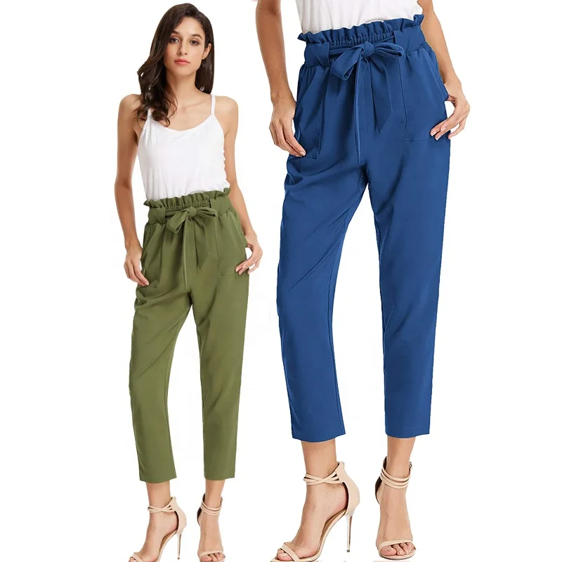 Womens Paper Bag Pants Elastic Waist Cropped Trousers Khaki Side Pocket  Jeans Belted High Waisted Joggers Work Pants - Buy Womens Paper Pag Work  Pants,Womens Khaki Elastic Waist Cropped Trousers,Womens Side Pocket