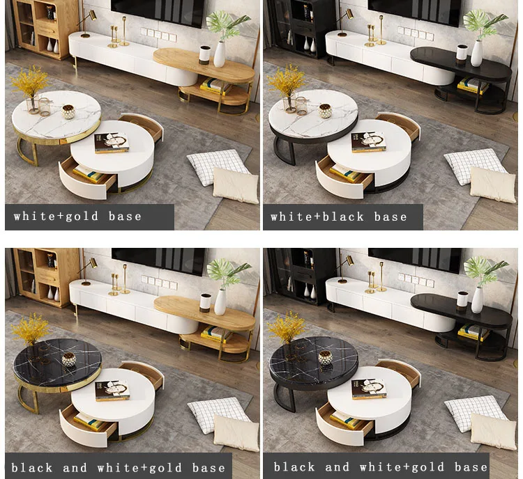 Modern decorative living room coffee shops sides gold stainless steel with extendable hidden storage white coffee table