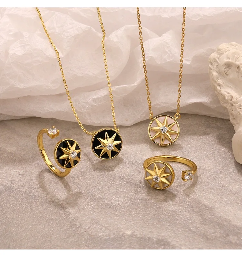 Gold plated necklace jewelry 925 sterling silver zircon diamond chain necklace eight-pointed star rotating necklace