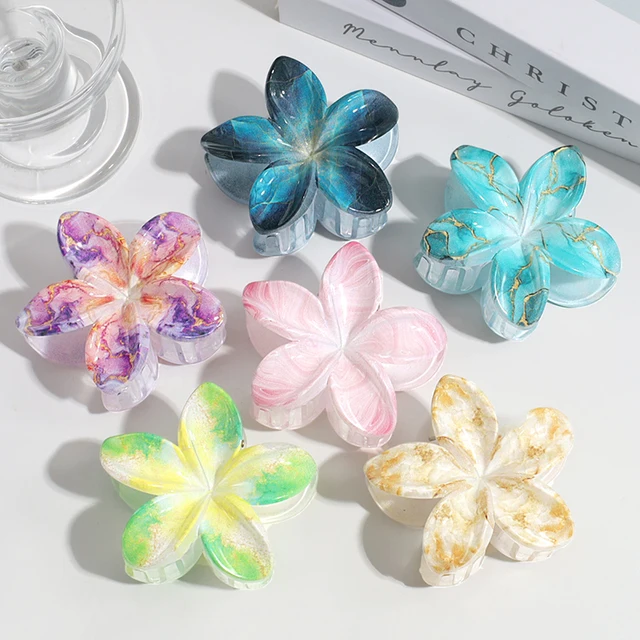 Korean Colorful Elegant Flower Hair Claws Creative Marble Gradient Lily Flower Hair Clips Sweet Hair Accessories For Girls