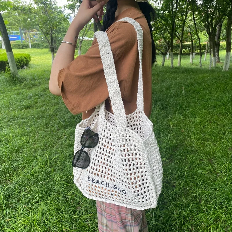 Fashion Handmade Woven Crochet bag with Straw Paper Rope Cotton Rope Hand Bags
