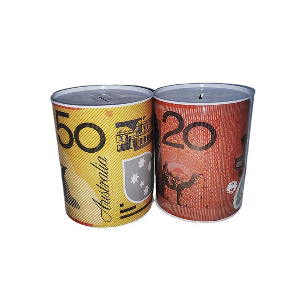 Wholesale Creative Savings Jar Tin Coin Bank Australian Dollar Pattern Money Box