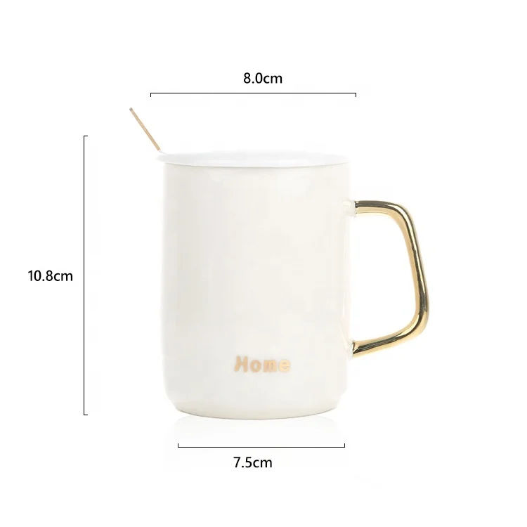 Gloway Business Gift Oem Supported Gold-Plating Practical Home Coffee Water Lid Porcelain Cup Office Ceramic Mug With Spoon