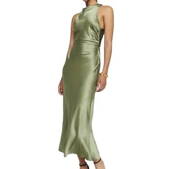 Custom Classic Elegance Wine Satin slit Sleeveless Keyhole Hidden zipper Mock Neck Maxi Dress