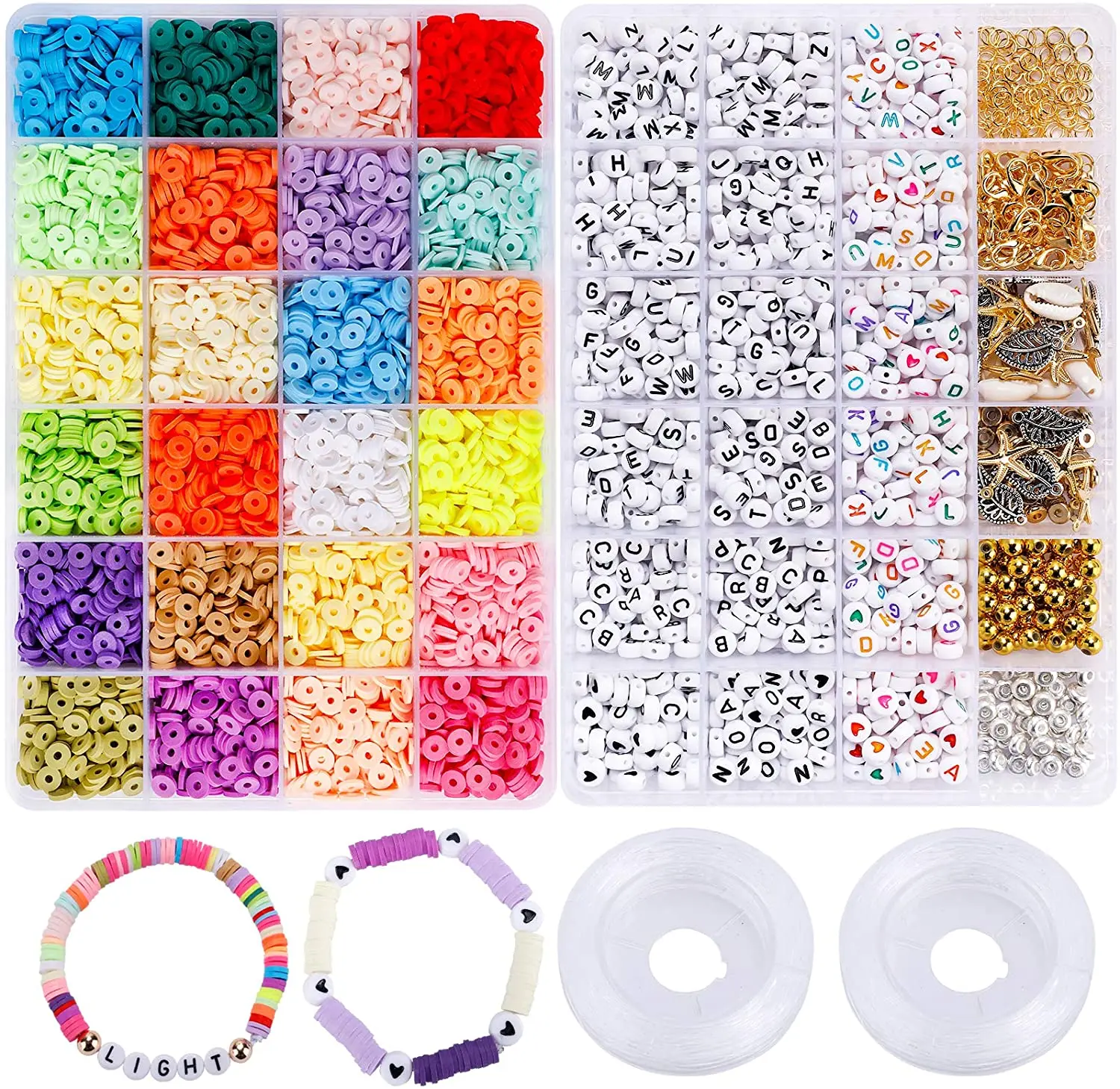Handmade Gift for Making Bracelets Necklace Clay Beads with Pendant & Letter Beads DIY Bracelet Making kit 6mm Single & Two-Colors Polymer Clay Flat Beads 6000 Pcs Clay Beads for Bracelet Making 