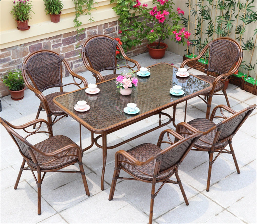 Outdoor aluminum rattan chair terrace cafe restaurant chair  wicker furniture set antique cane