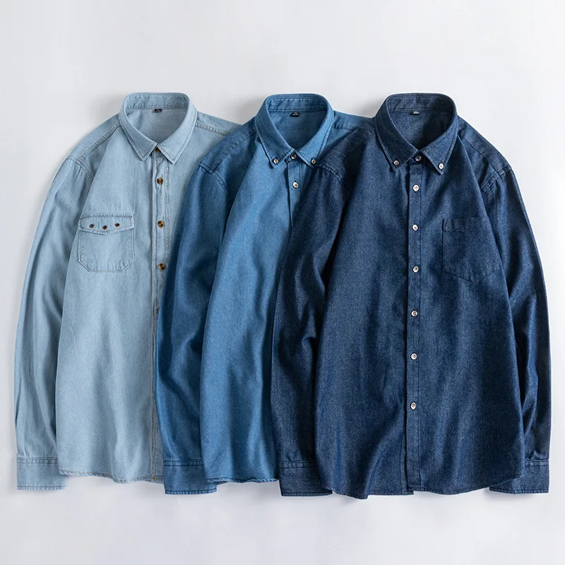 Denim Shirts Men Casual Light Wash Long Sleeve Denim Jeans Shirt supplier