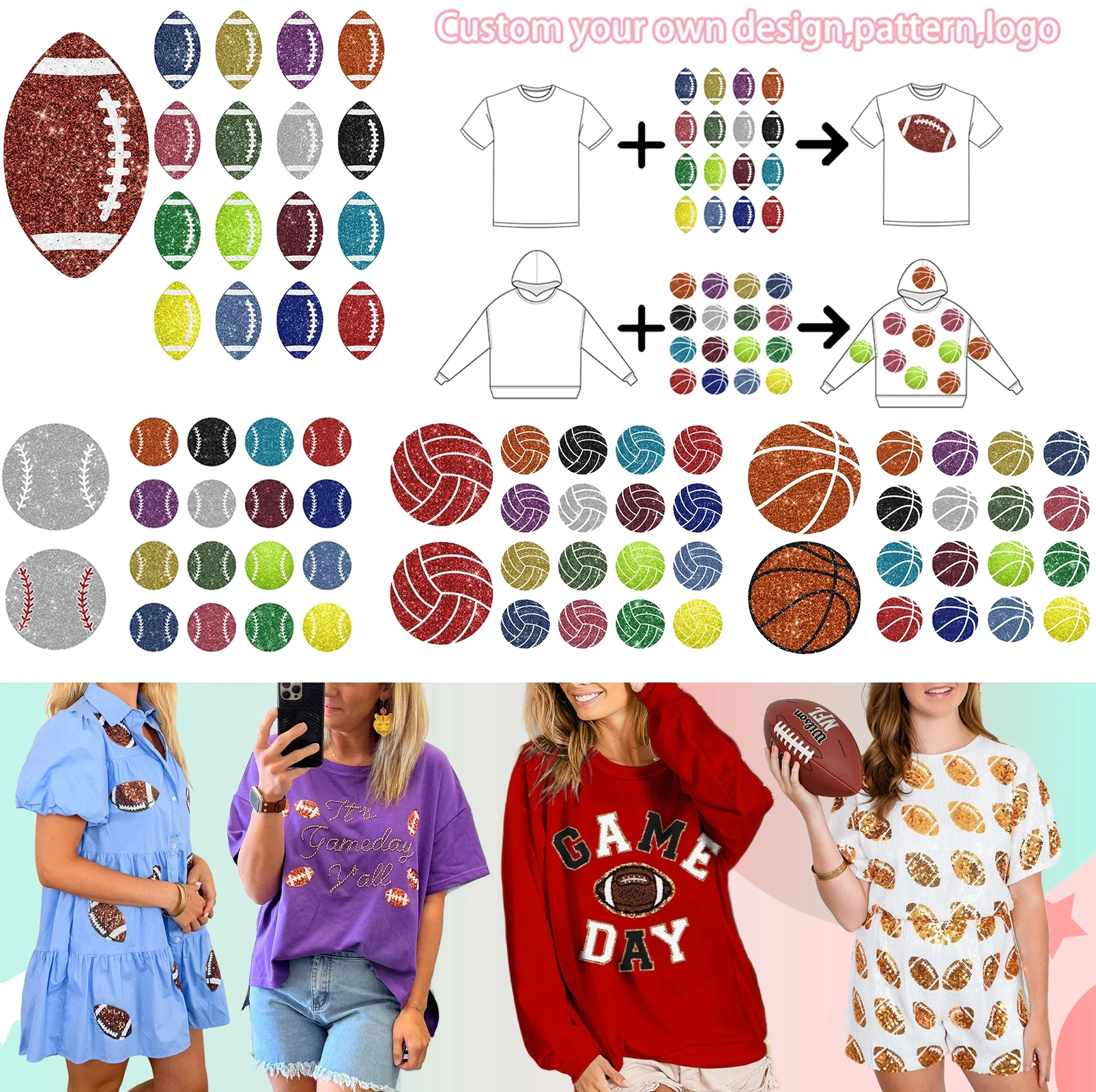 Wholesale Game Day Custom Summer Oversized Football Sequin Embroidery T shirts Plus Size Blouse Women Tops