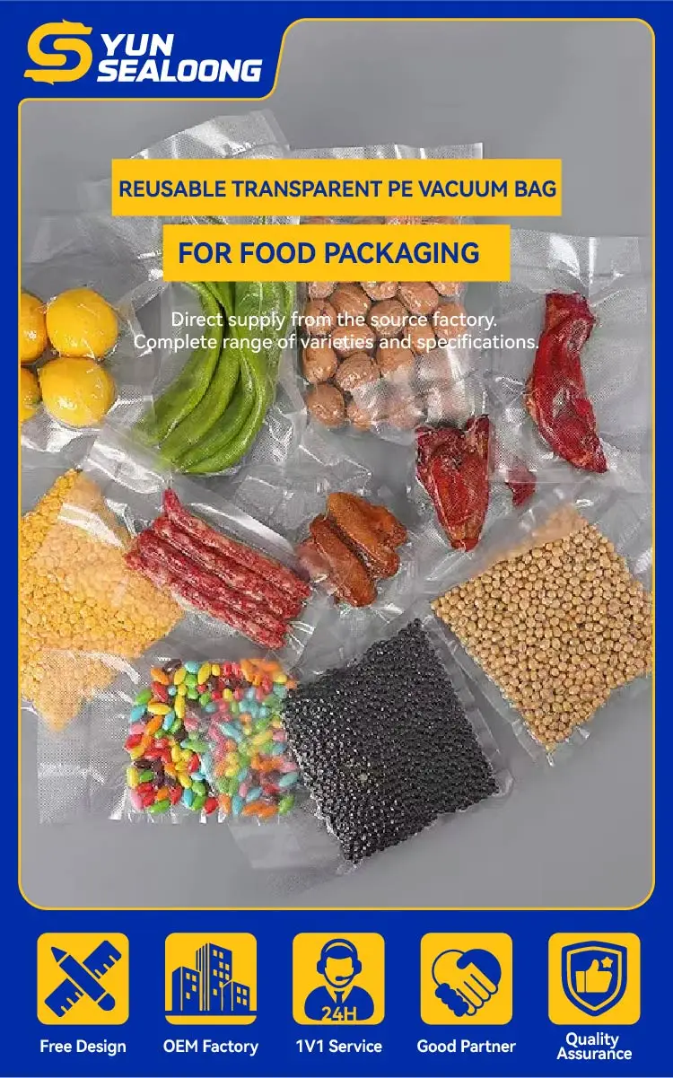 Reusable Transparent PE Vacuum Bag for Food Packaging Custom Logo Gravure Printing for Pizza Potato Chips Other Foods