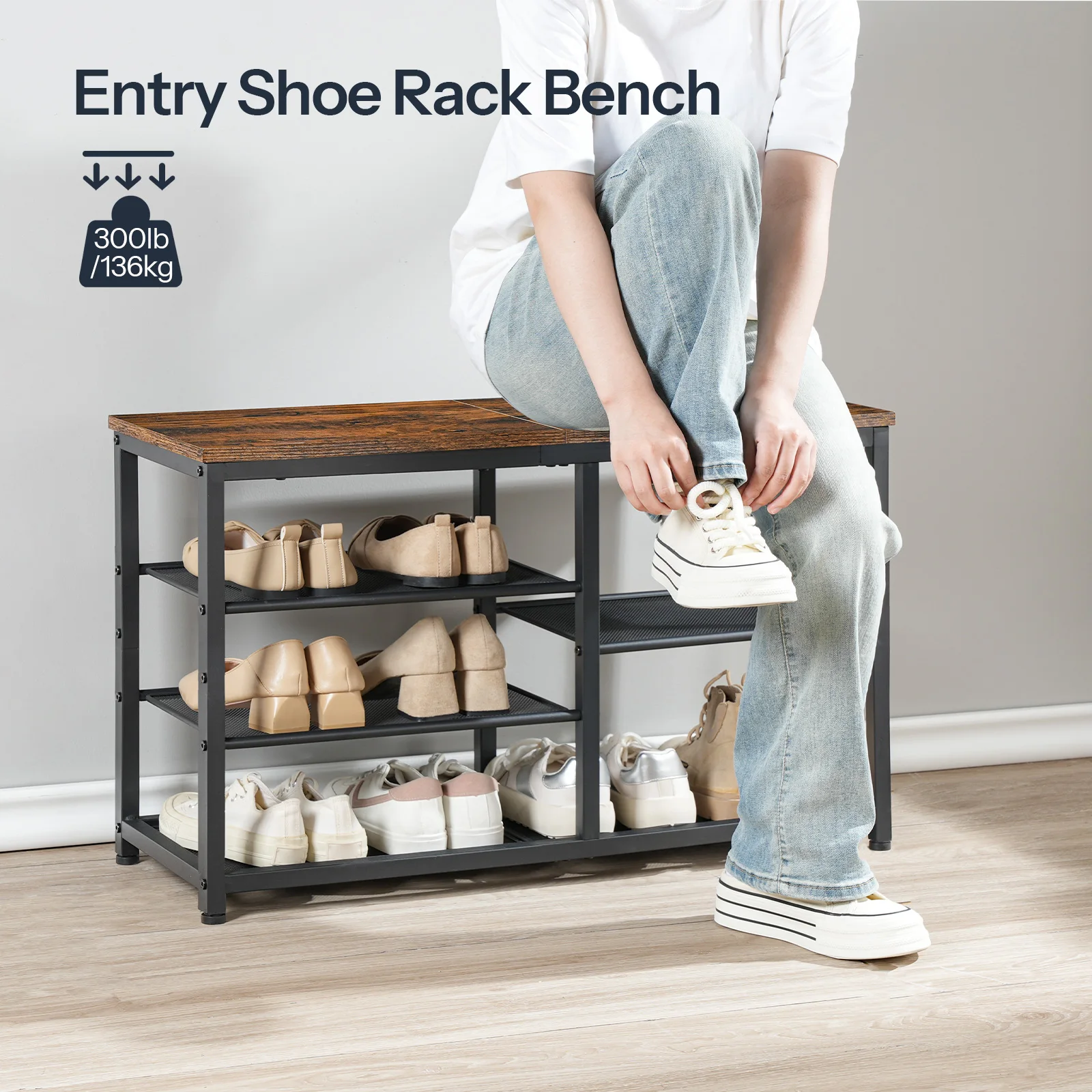 Wholesale Multifunctional Rustic 3 Tier Wooden Entryway Bench With Shoe Rack Storage Bench With Seat Shelves For Indoor Hallway