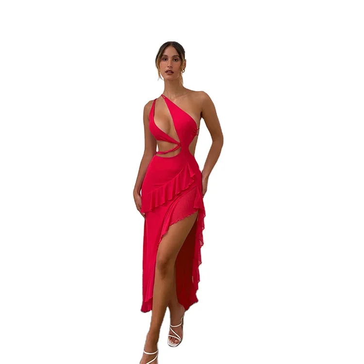 Beauty outfit pure lust style sloping shoulders irregular ruffles slit at the waist French style little red dress